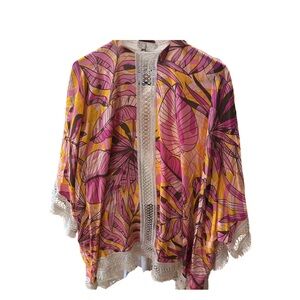 Tropical Pink & Yellow Leaf Print Kimono